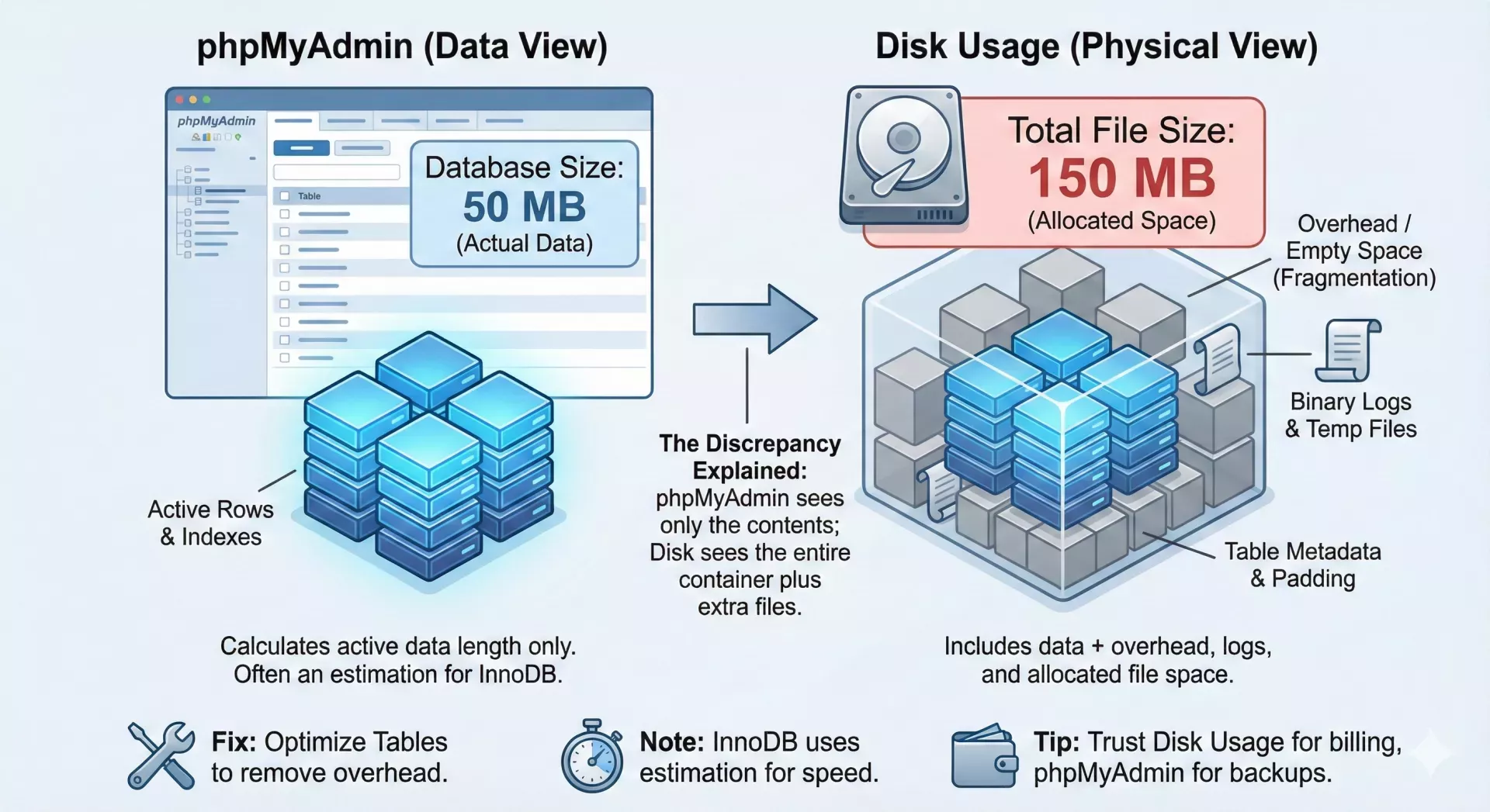 Why PHPMyAdmin Shows Incorrect Database Size